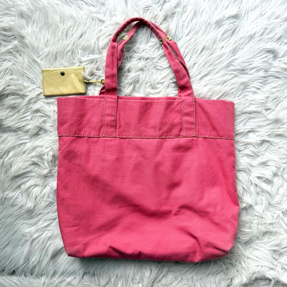 Vintage GAP Red Pink Coral Canvas Tote Bag Yellow Leather Accents Pockets M/L